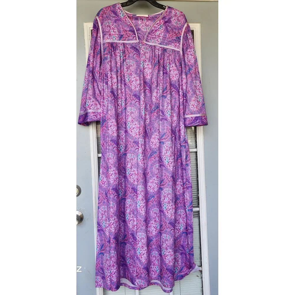Just For Women Purple Floral Paisley Nightgown Long Sleeve Maxi Loung/ Sleepwear